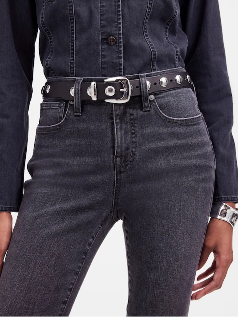 Madewell Black Studded Leather Belt with Silver Accents size S
